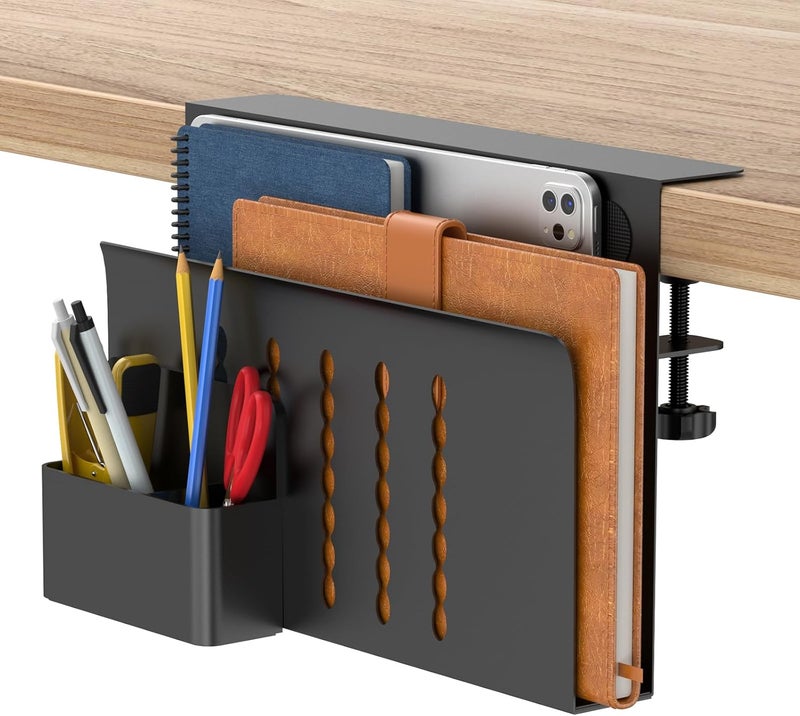 HAMOPY Desk Side Storage, Single-Layer Steel Hanging Desk Organizer with Magnetic Pen Holder, No Drilling Desk Drawer Cable Management Tray, Under Table Laptop Holder for Office, School&Home(Black) - Image 1